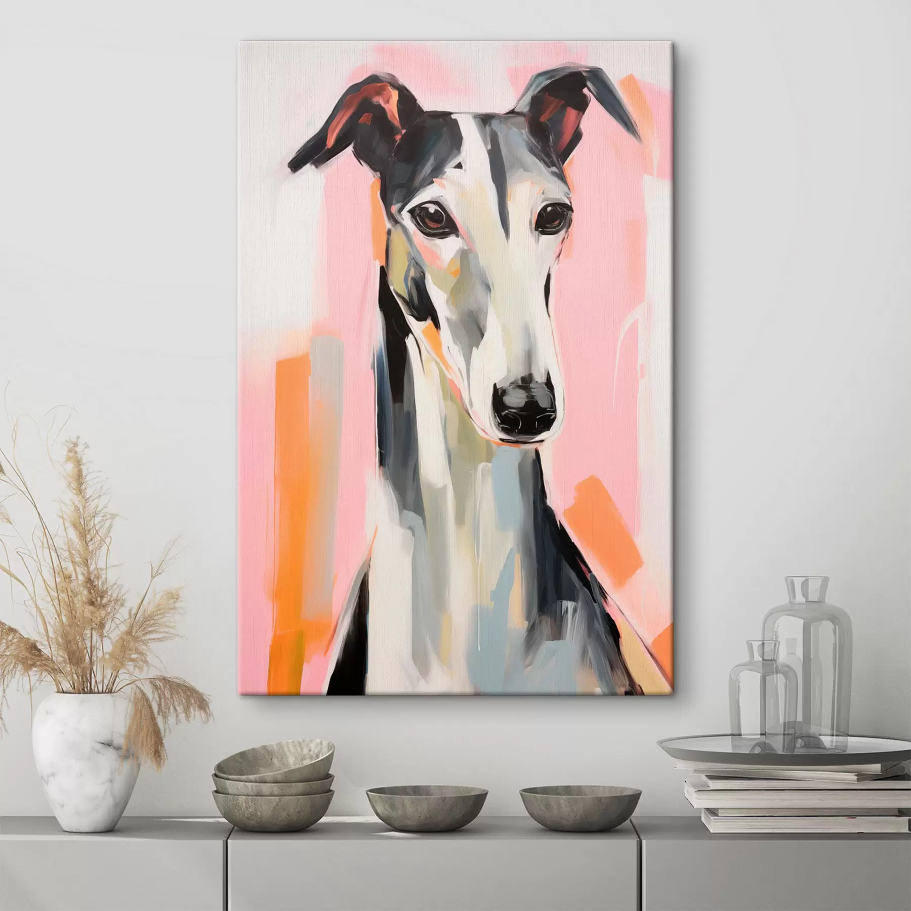 Paveikslėlis Kurtas rausvų, oranžinių ir baltų teptuko potėpių fone s45566