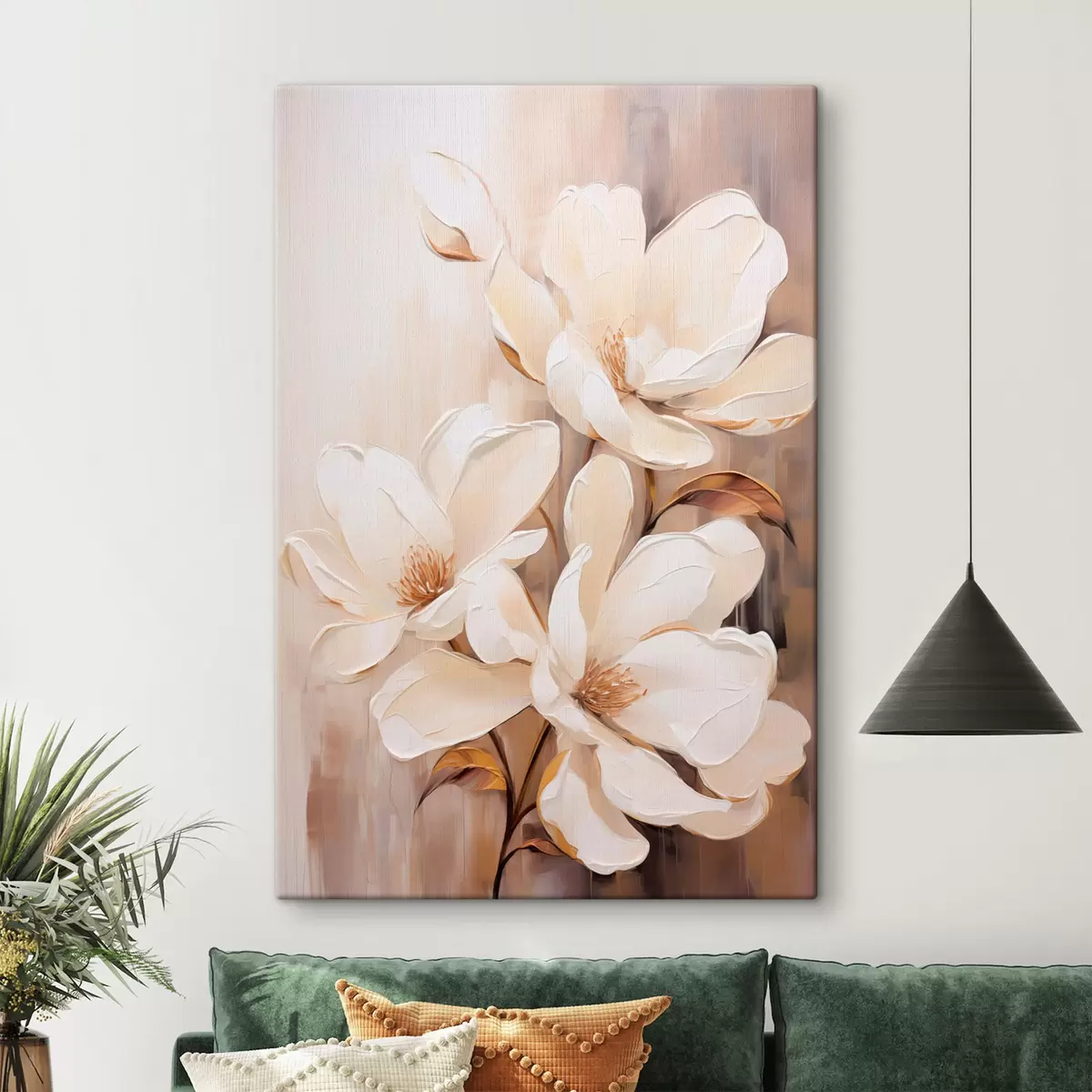 Paveikslėlis Baltos magnolijos žiedai švelniame, neryškiame smėlio ir rudų tonų fone, elegantiška gėlių kompozicija s45571