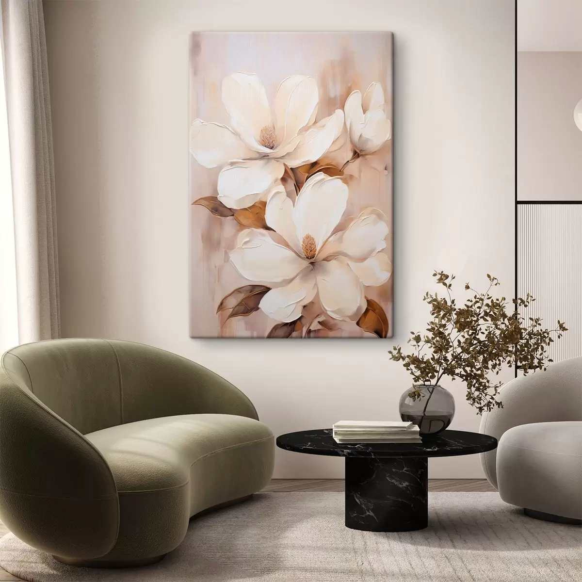 Paveikslėlis Baltos magnolijos žiedai švelniame, neryškiame smėlio ir rudų tonų fone, tapybos stilius s45572
