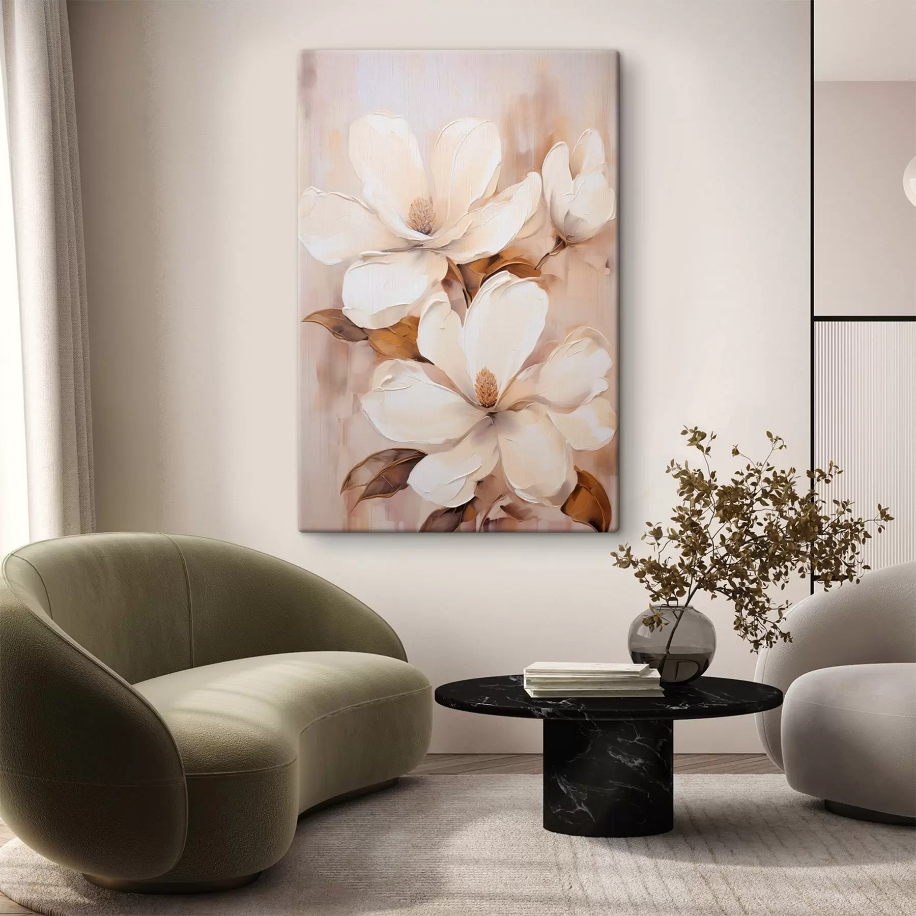 Paveikslėlis Baltos magnolijos žiedai švelniame, neryškiame smėlio ir rudų tonų fone, tapybos stilius s45572