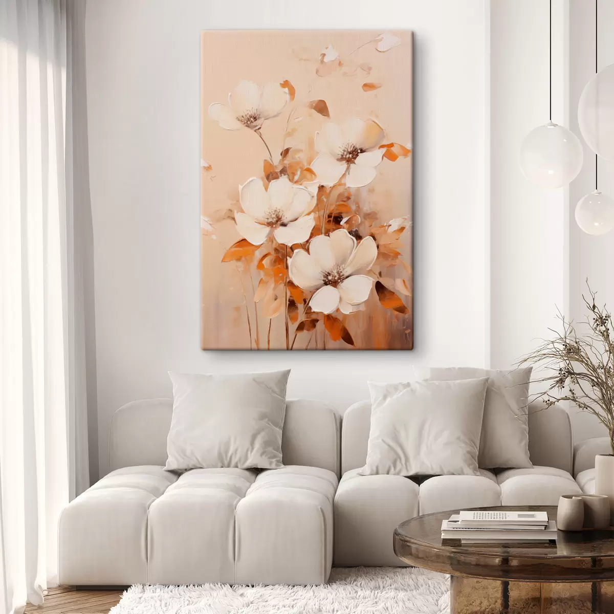 Paveikslėlis Baltos gėlės su oranžiniais lapais, subtilūs potėpiai, šilta spalvų paletė, elegantiška kompozicija s45573