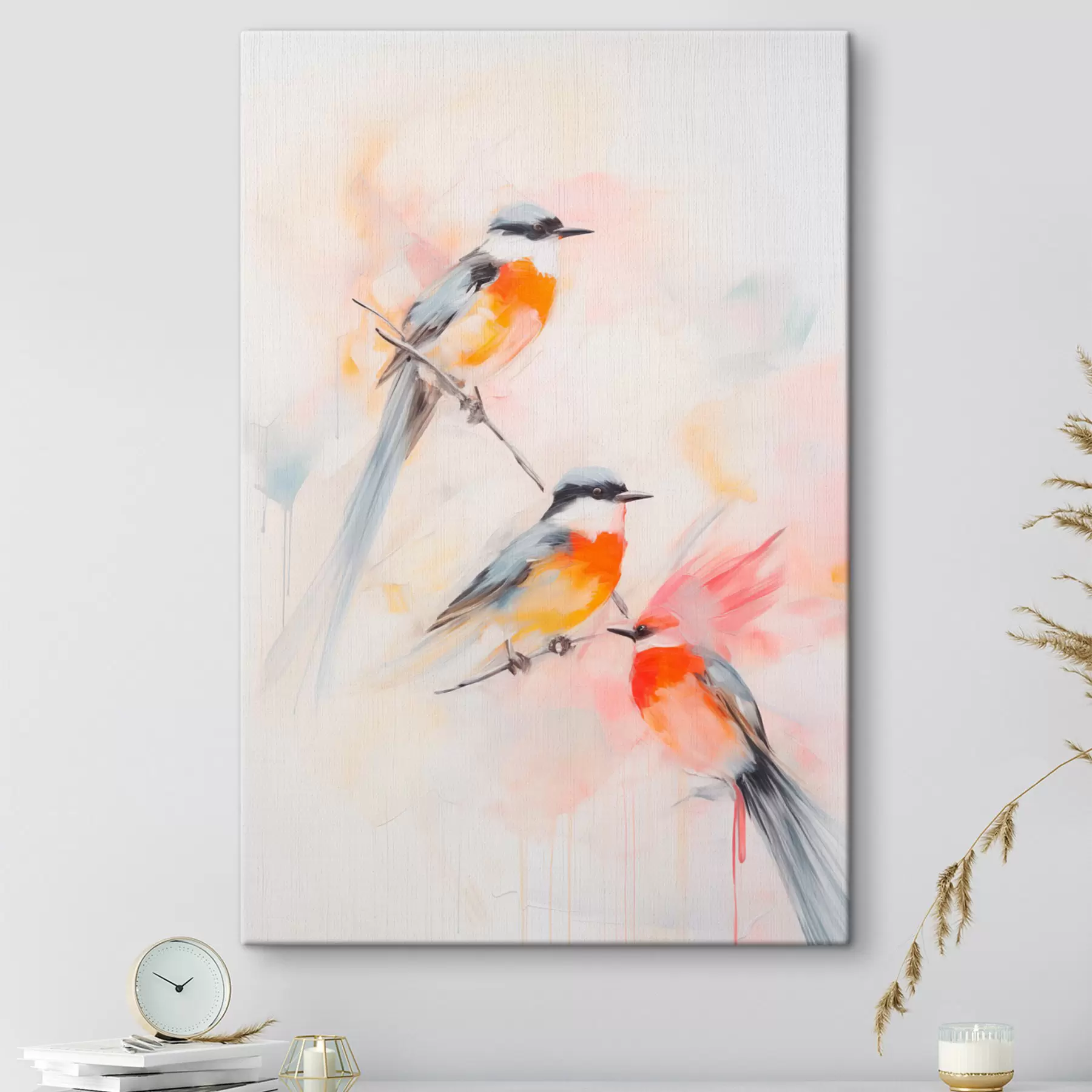 Paveikslėlis Paukščiai ant šakų , švelnios pastelinės spalvos, šviesus rausvų ir baltų atspalvių fonas s45577