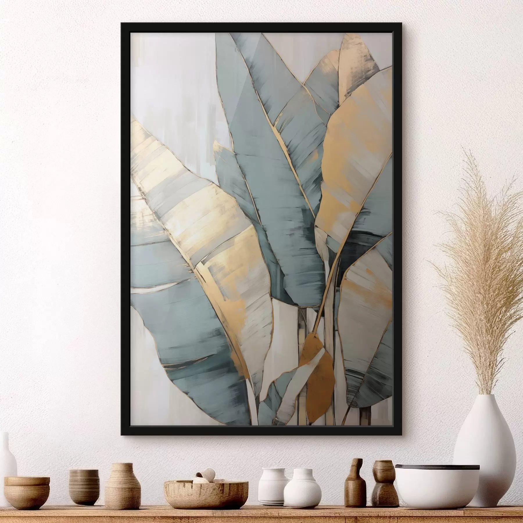 Fototapetai Prislopinti mėlyni, pilki ir geltoni bananų lapai su matomais teptuko potėpiais baltame abstrakčiame fone f45552