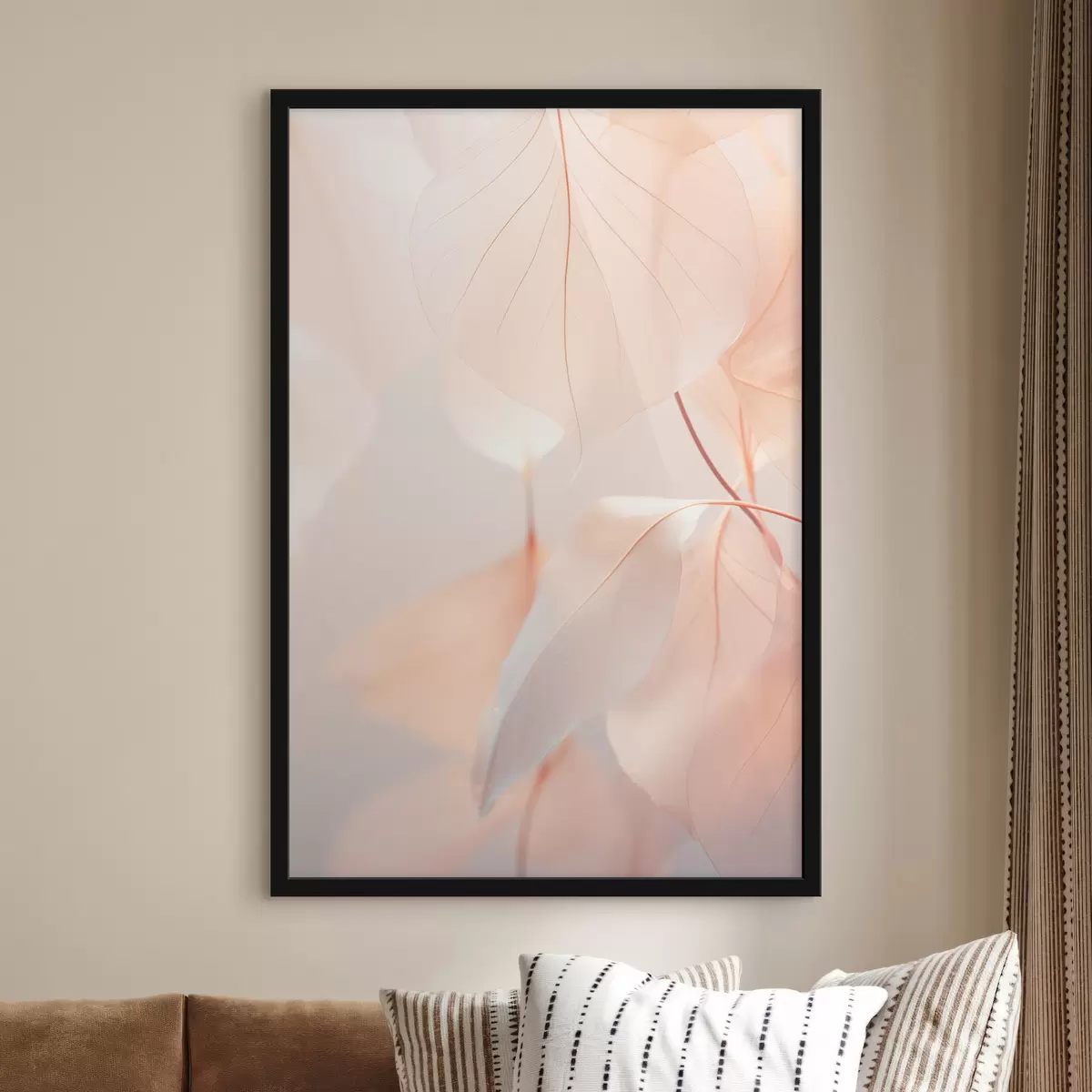 Plakatas Permatomų lapų su švelniomis gyslomis stambiu planu, švelni persikų ir balta spalvų paletė, neryškus fonas f45556