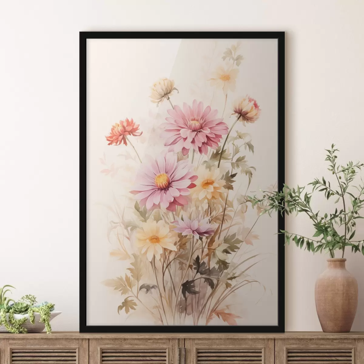 Plakatas Spalvingų gėlių puokštė, švelnus akvarelės stilius, šviesiame fone, botaninė iliustracija f45560