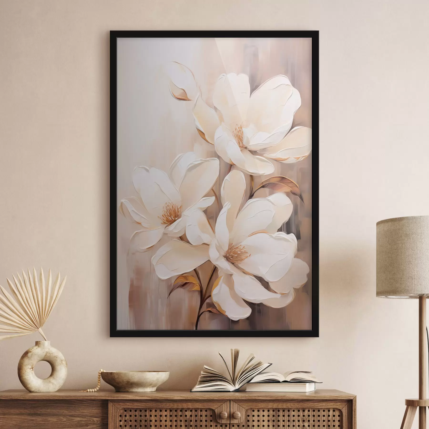 Fototapetai Baltos magnolijos žiedai švelniame, neryškiame smėlio ir rudų tonų fone, elegantiška gėlių kompozicija f45571