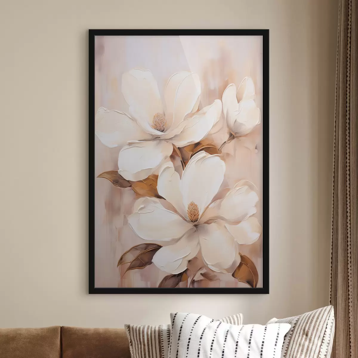 Plakatas Baltos magnolijos žiedai švelniame, neryškiame smėlio ir rudų tonų fone, tapybos stilius f45572
