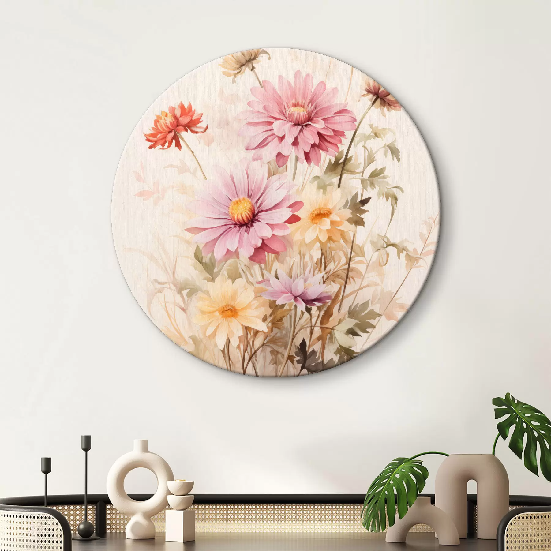 Paveikslėlis Spalvingų gėlių puokštė, švelnus akvarelės stilius, šviesiame fone, botaninė iliustracija r45560