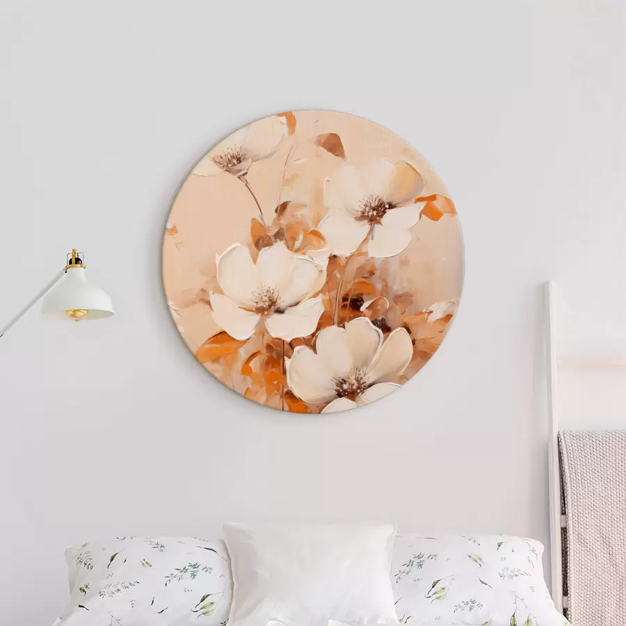 Paveikslėlis Baltos gėlės su oranžiniais lapais, subtilūs potėpiai, šilta spalvų paletė, elegantiška kompozicija r45573