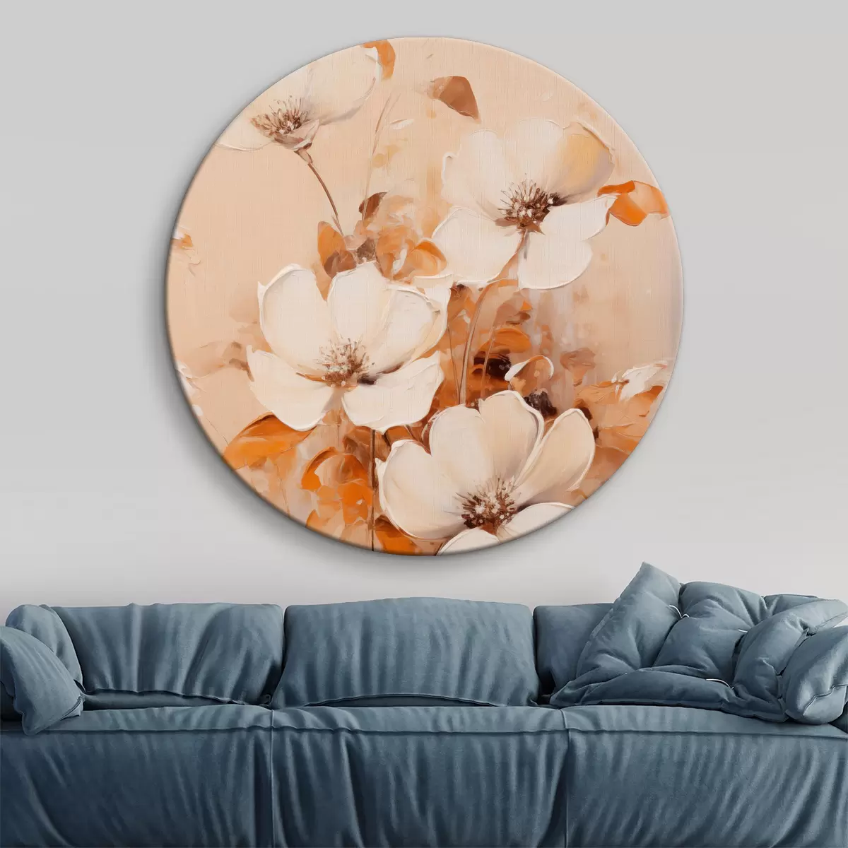 Apvalūs paveikslai Baltos gėlės su oranžiniais lapais, subtilūs potėpiai, šilta spalvų paletė, elegantiška kompozicija r45573
