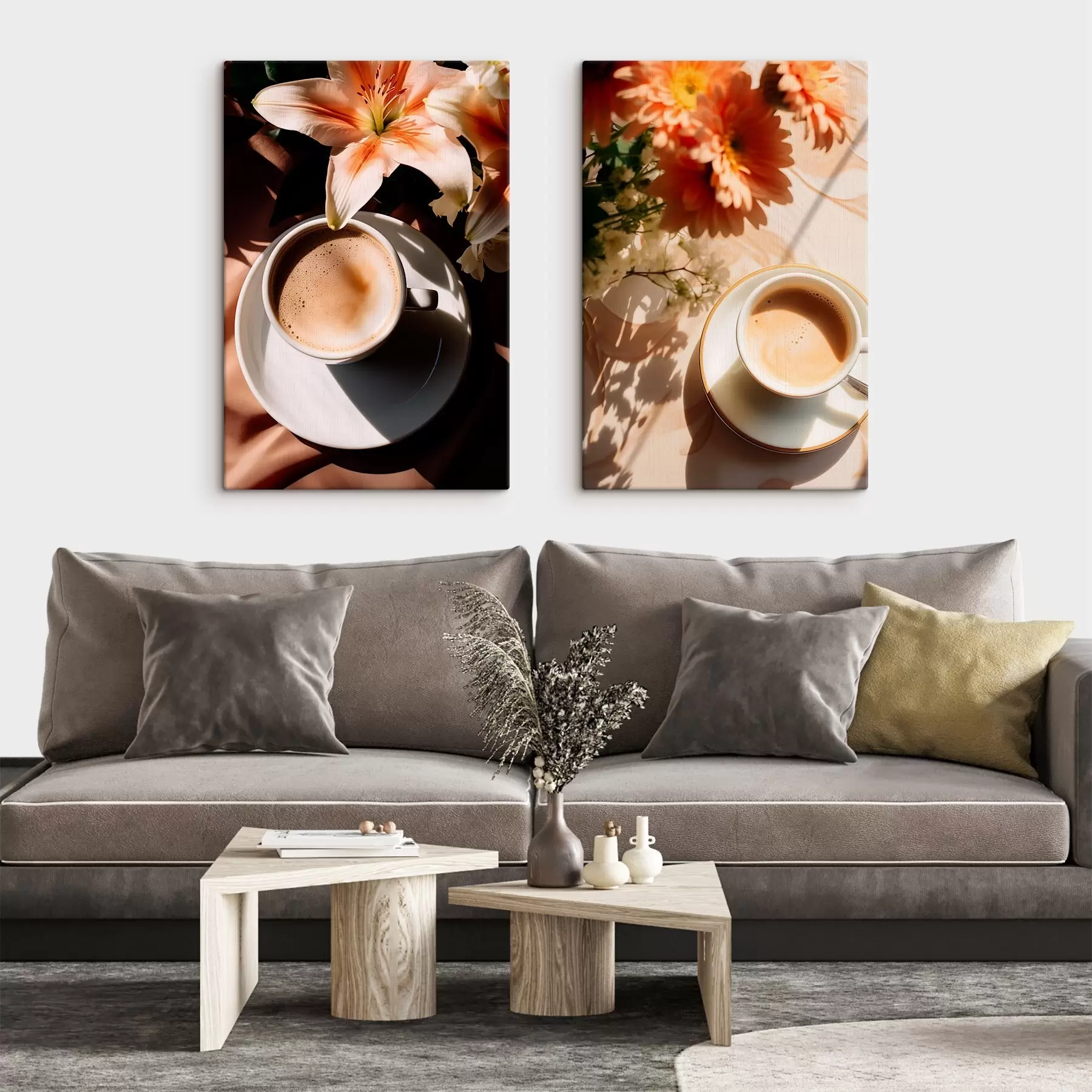 Paveikslėlis Kavos puodelis su puta ant baltos lėkštės, gėlės fone, saulės šviesoje m00654