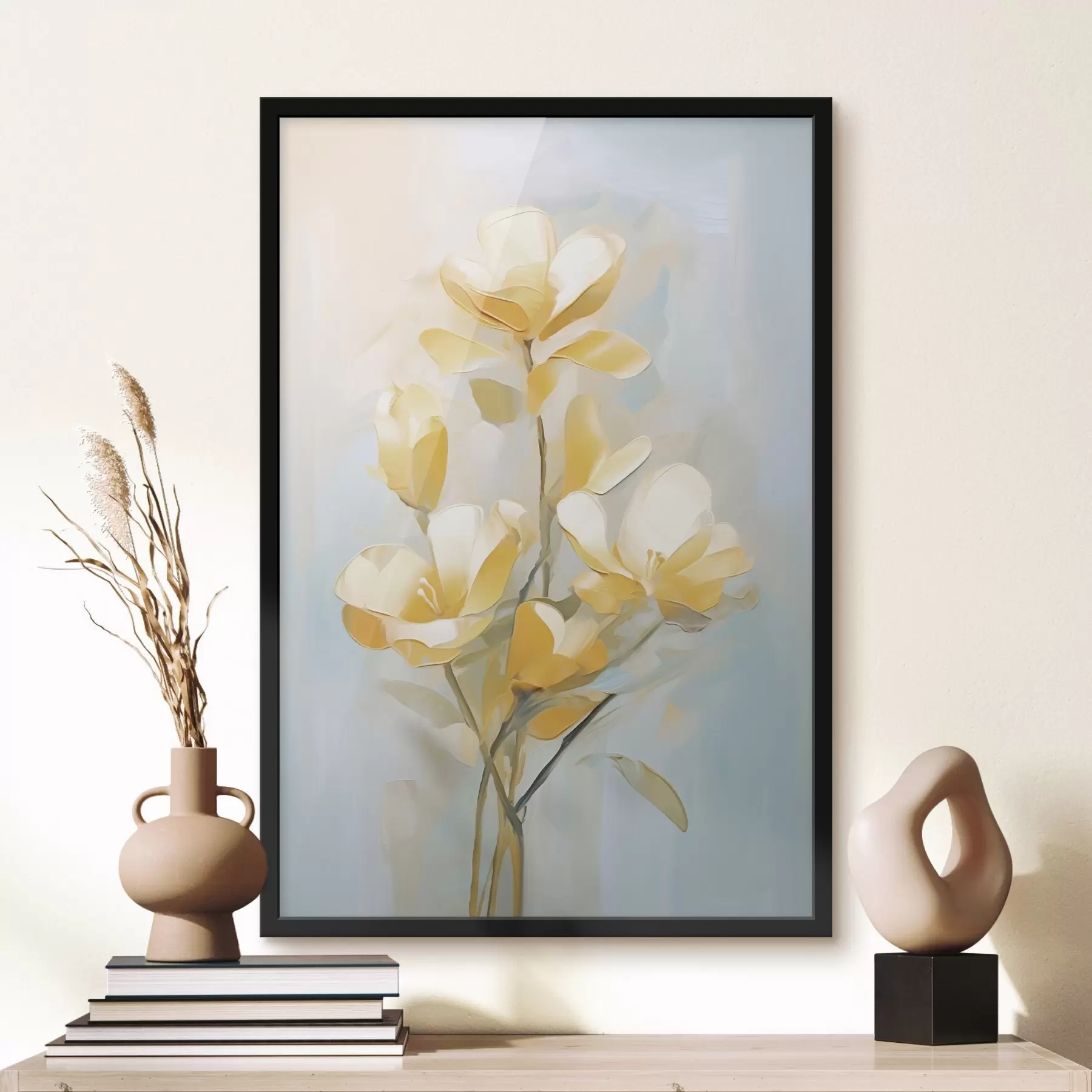 Fototapetai Gėlių motyvas: šviesiai geltonos ir mėlynos spalvos puokštė f45540