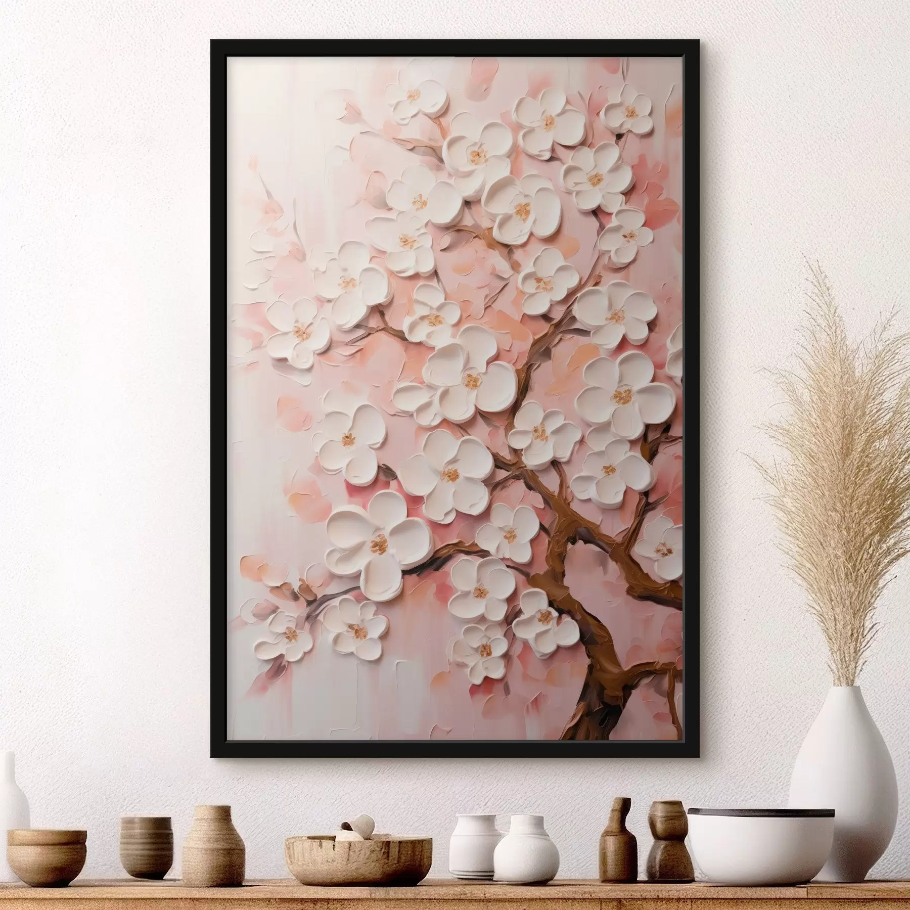 Fototapetai Žydinti šaka: reljefinė šviesiai rožinių tonų kompozicija f45543