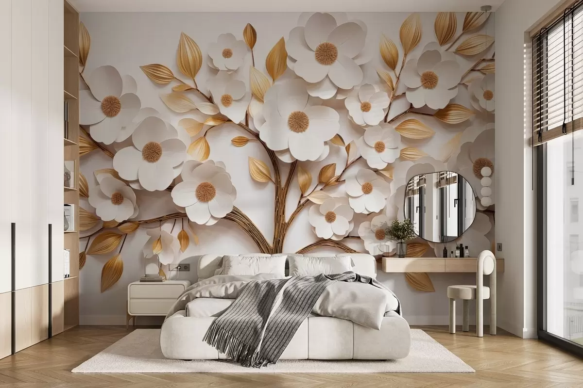Fototapetai Medis su baltais žiedais ir reljefo lapų imitacija w09348