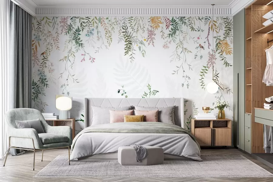 Fototapetai Botaninė iliustracija su paparčiais, žole ir kabančiais augalais, pasteliniais tonais, baltame fone akvarelės tekstūros stiliumi w09364