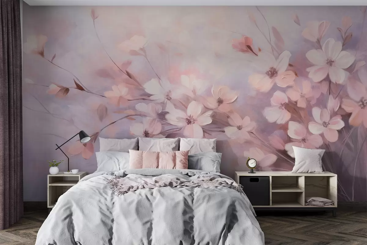 Fototapetai Gėlių kompozicija su subtiliomis gėlėmis švelniais, neryškiais kraštais pasteliniame levandų ir šviesiai rožinių atspalvių fone w09369