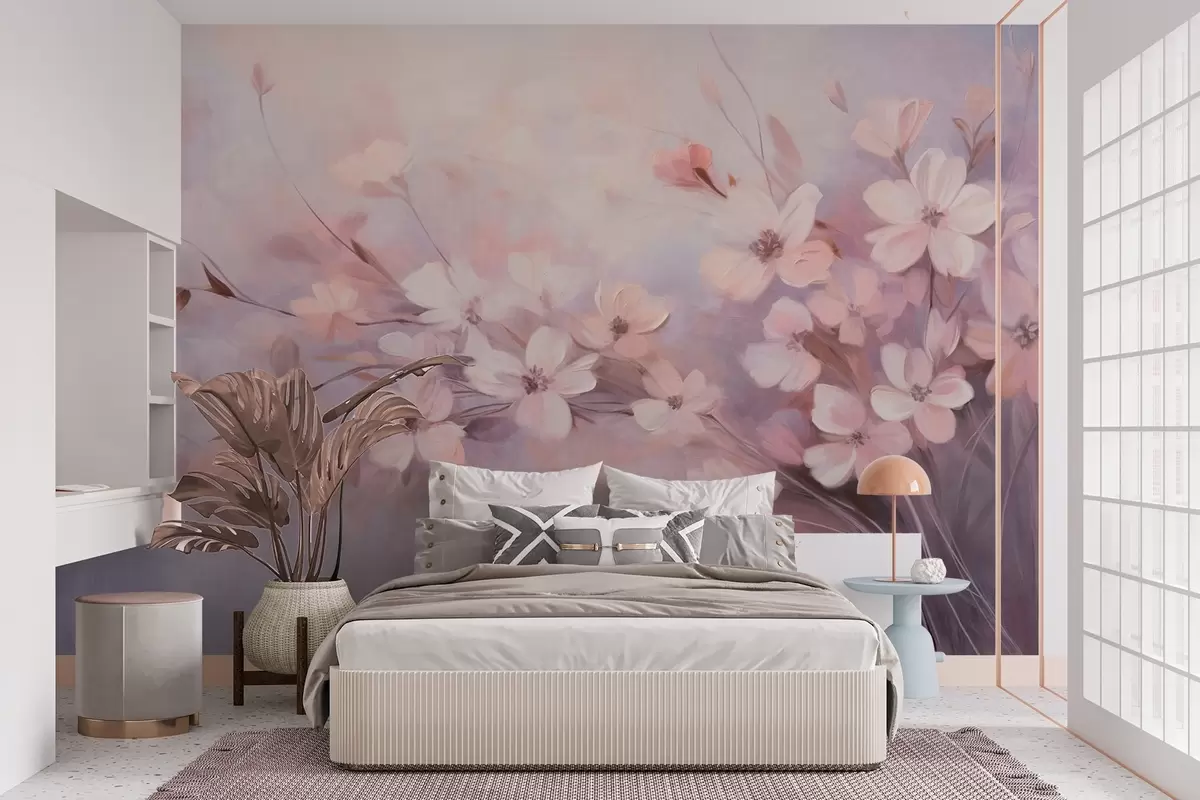 Fototapetai Gėlių kompozicija su subtiliomis gėlėmis švelniais, neryškiais kraštais pasteliniame levandų ir šviesiai rožinių atspalvių fone w09369