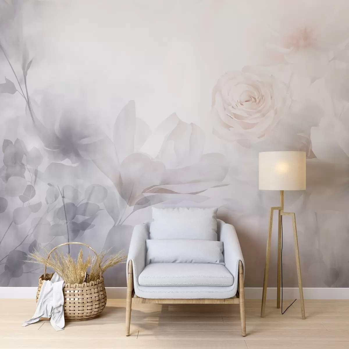 Fototapetai Švelni abstrakti gėlių kompozicija su pastelinėmis rožinėmis rožėmis ir magnolijomis, švelnus fokusas, šviesiai pilkas fonas w09371
