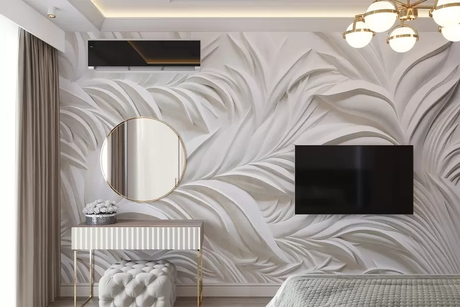 Fototapetai Abstraktūs tekstūruoti balti lapai ir gėlių elementai, minimalistinė estetika w09378