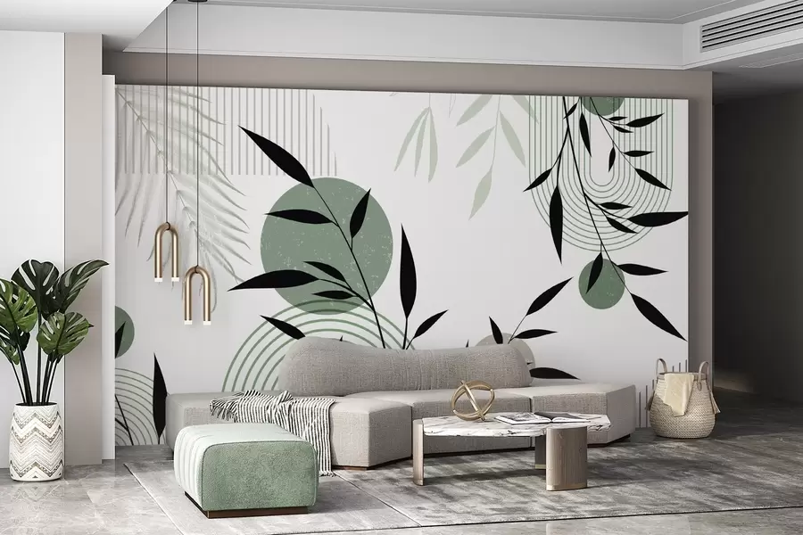 Fototapetai Tekstūrinis abstraktus raštas su geometrinėmis figūromis, apskritimais ir arkomis bei juodais ir žaliais augalais baltame fone w09384