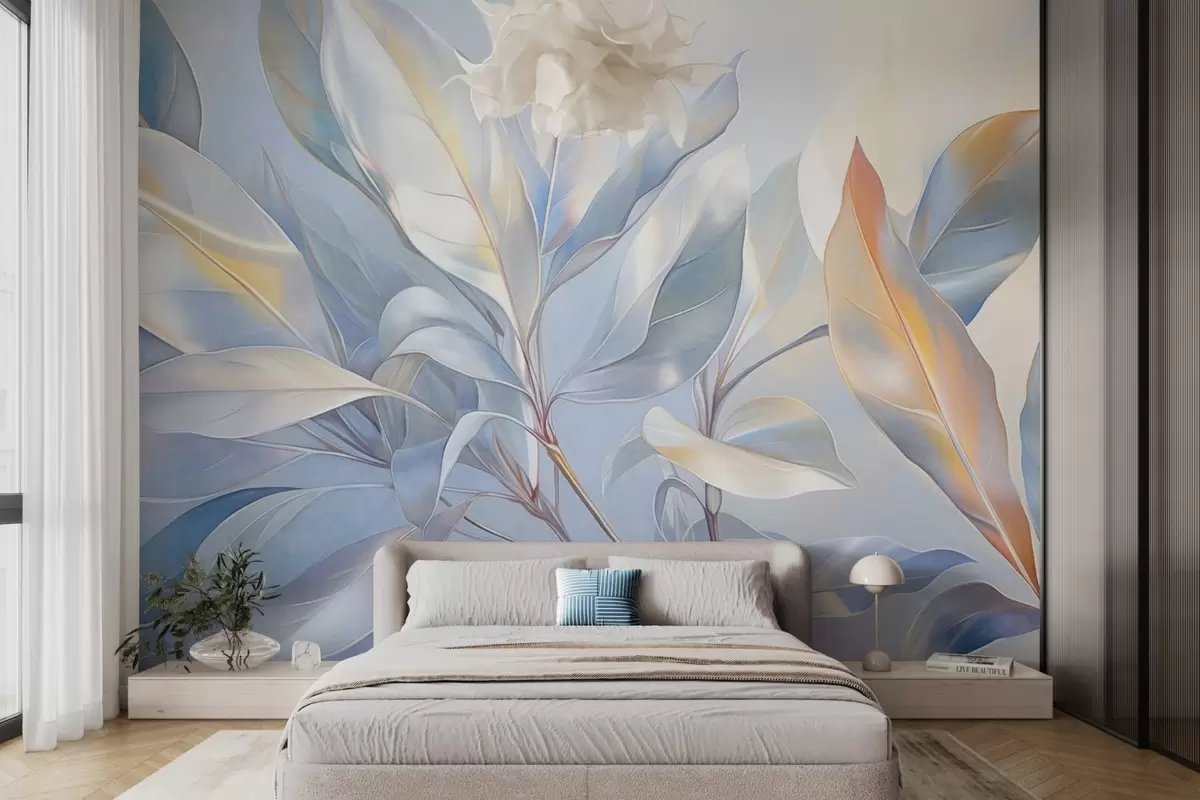 Fototapetai Magnolijos lapai su baltais ir mėlynais atspalviais, švelnus apšvietimas, elegantiška kompozicija, detalios lapų gyslos, meniški potėpiai teptuku w09385
