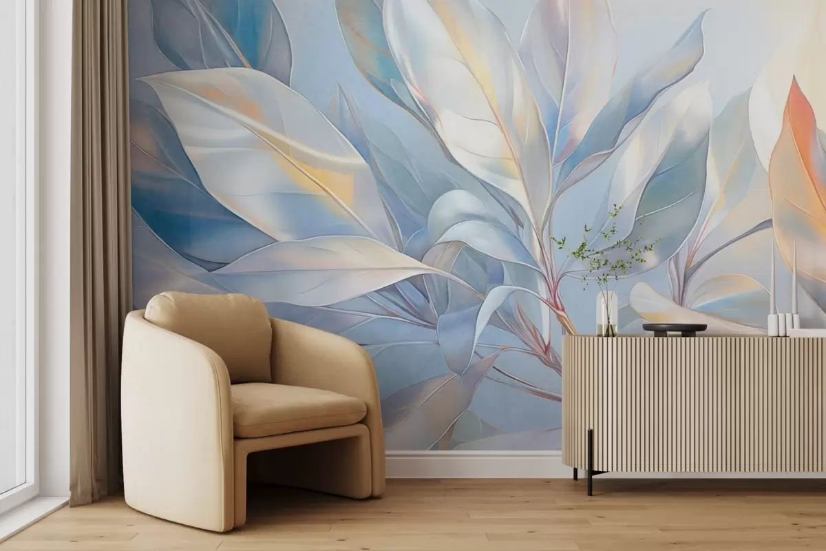 Fototapetai Magnolijos lapai su baltais ir mėlynais atspalviais, švelnus apšvietimas, elegantiška kompozicija, detalios lapų gyslos, meniški potėpiai teptuku w09385