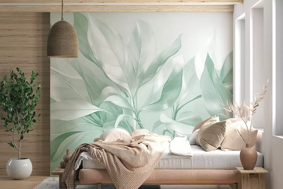 Fototapetai Magnolijos lapai su baltais ir žaliais atspalviais, švelnus apšvietimas, elegantiška kompozicija, detalios lapų gyslos, meniški potėpiai teptuku w09385v1