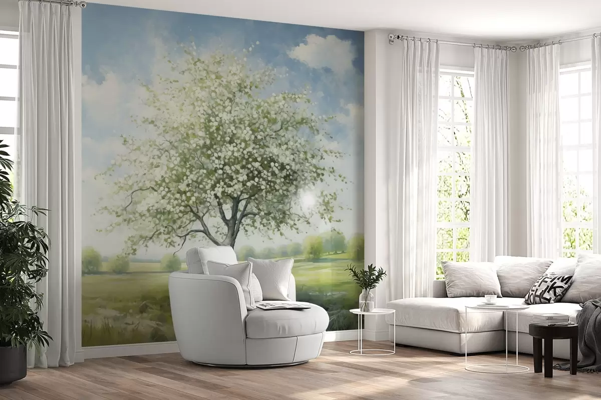 Fototapetai Vienišas medis lauke su baltais žiedais w04445