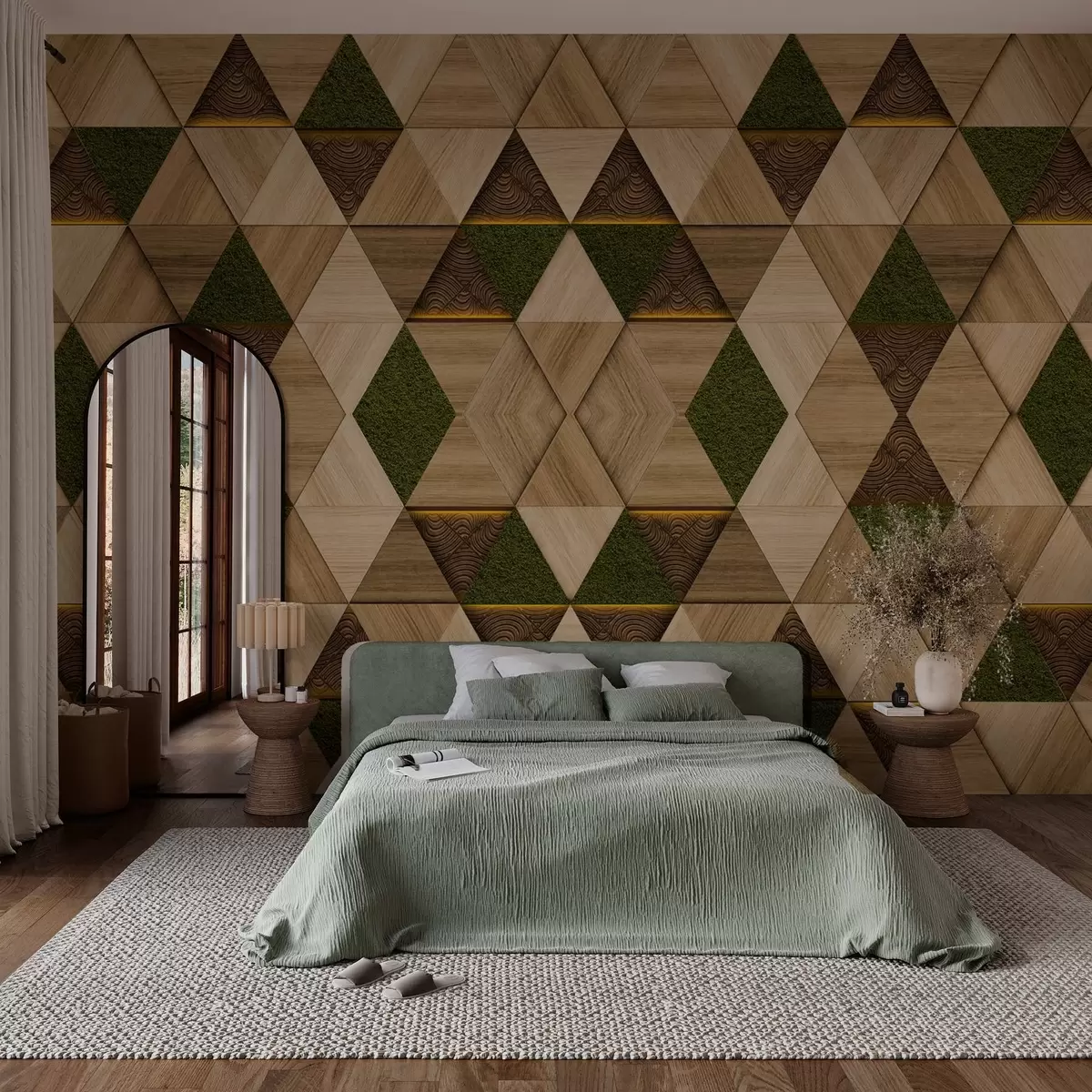 Fototapetai Geometrinis medinis papuošalas su samanomis w04459