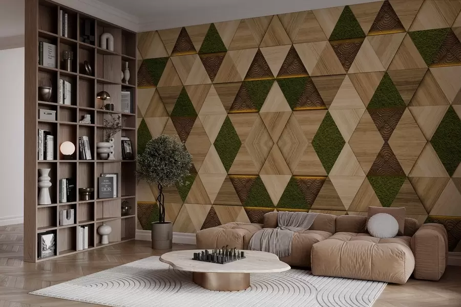 Fototapetai Geometrinis medinis papuošalas su samanomis w04459