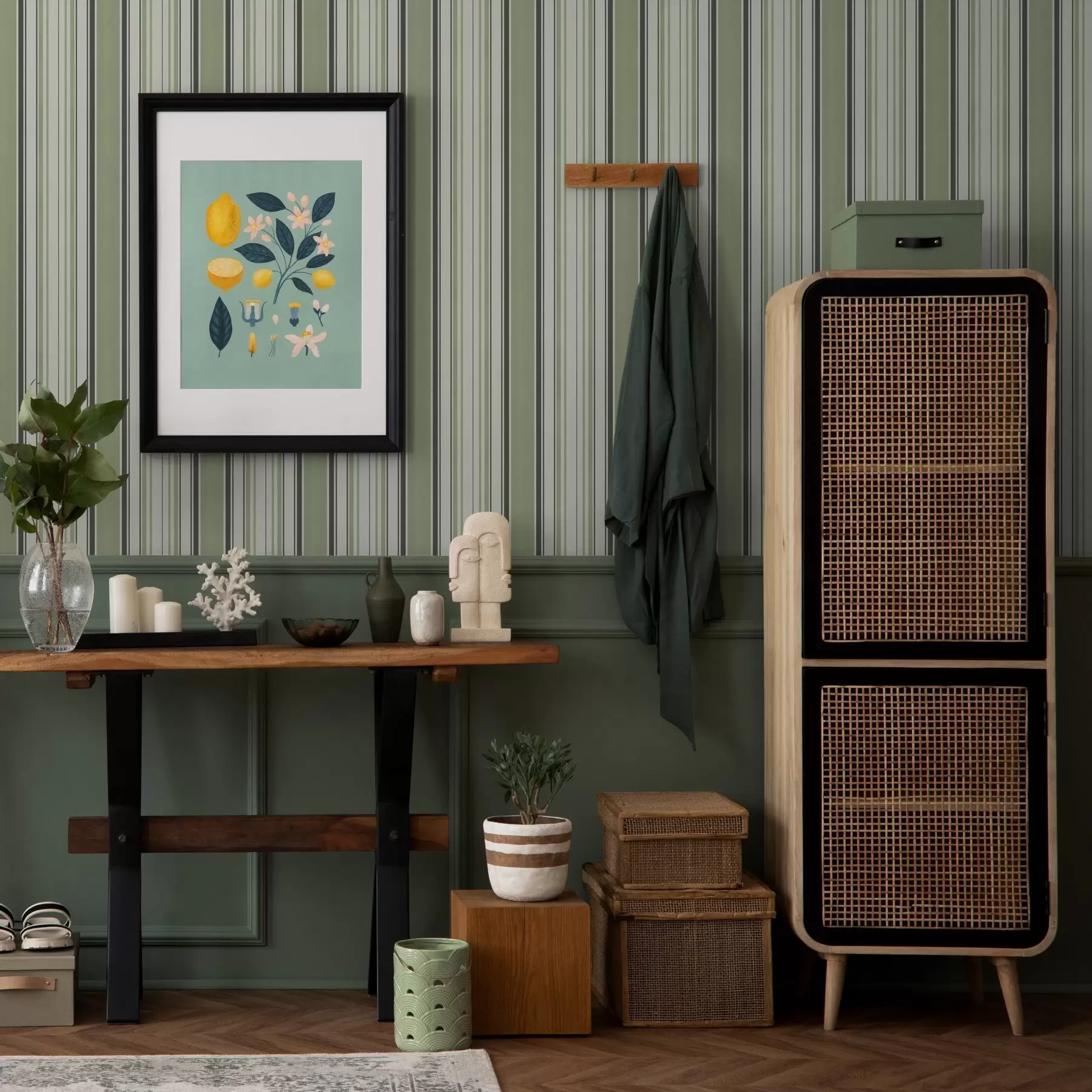 Fototapetai Kreminis fonas su žaliomis ir juodomis juostelėmis a00563