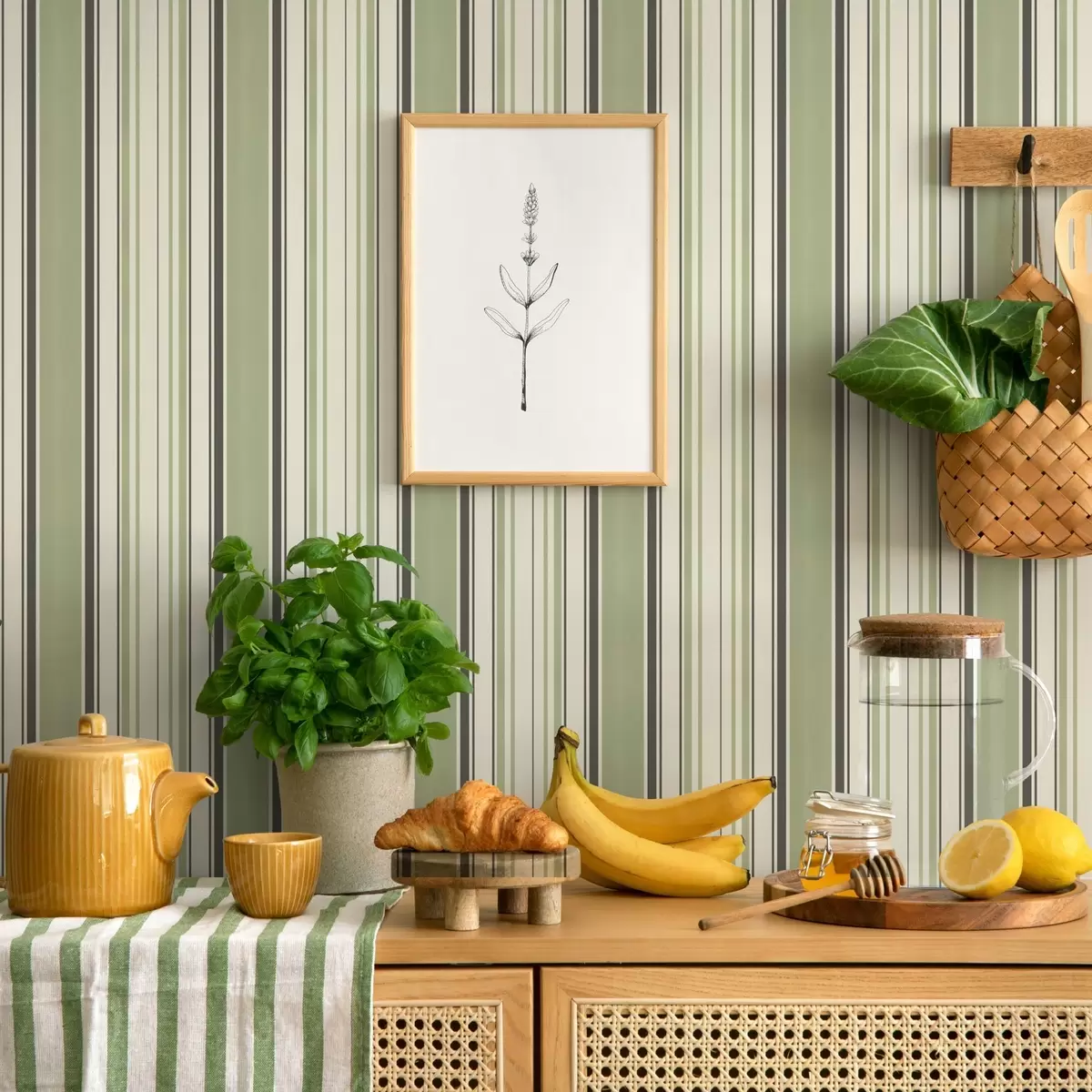 Tapetai Kreminis fonas su žaliomis ir juodomis juostelėmis a00563 Tapetai Kreminis fonas su žaliomis ir juodomis juostelėmis a00563