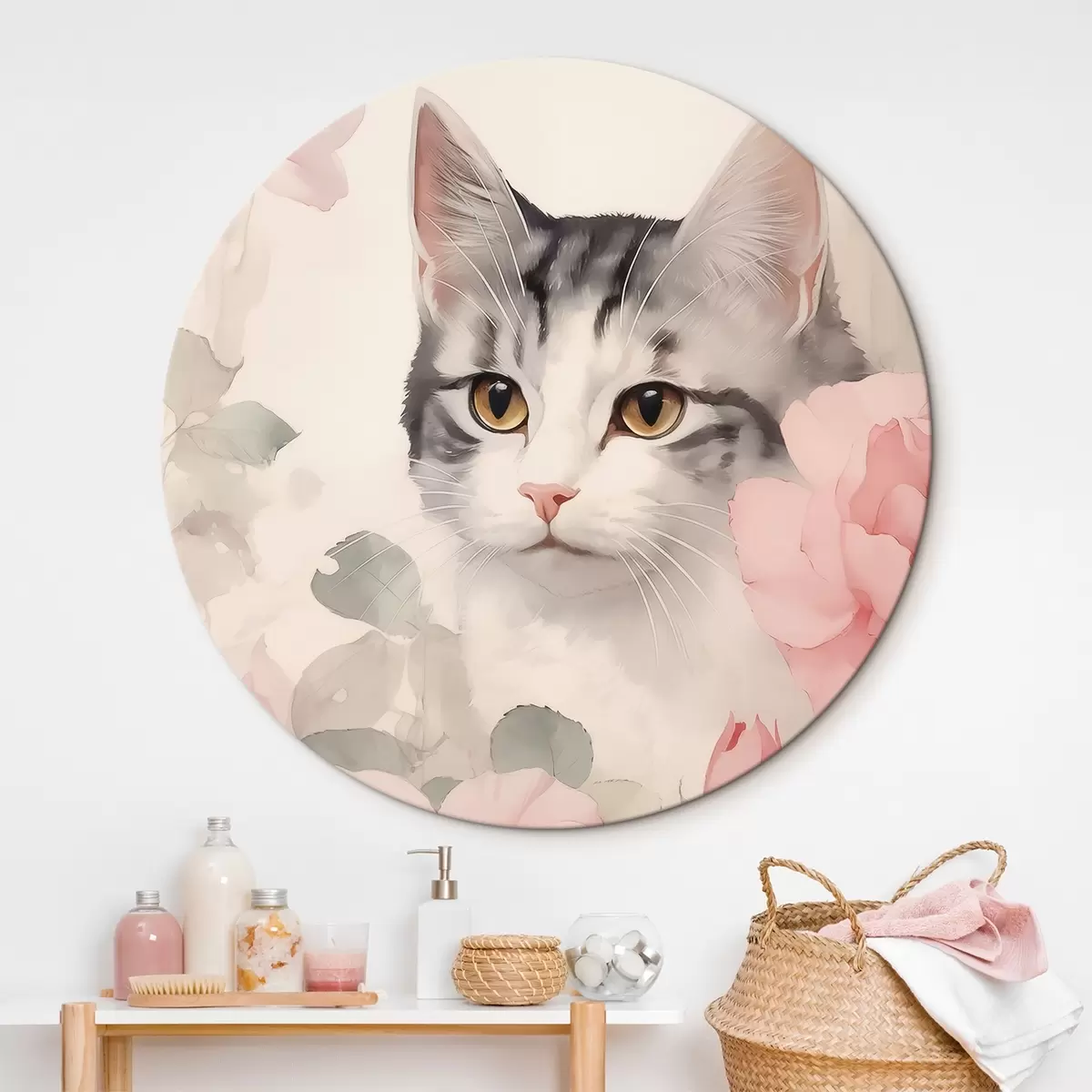 Apvalūs paveikslai Katė tarp rožių r45673
