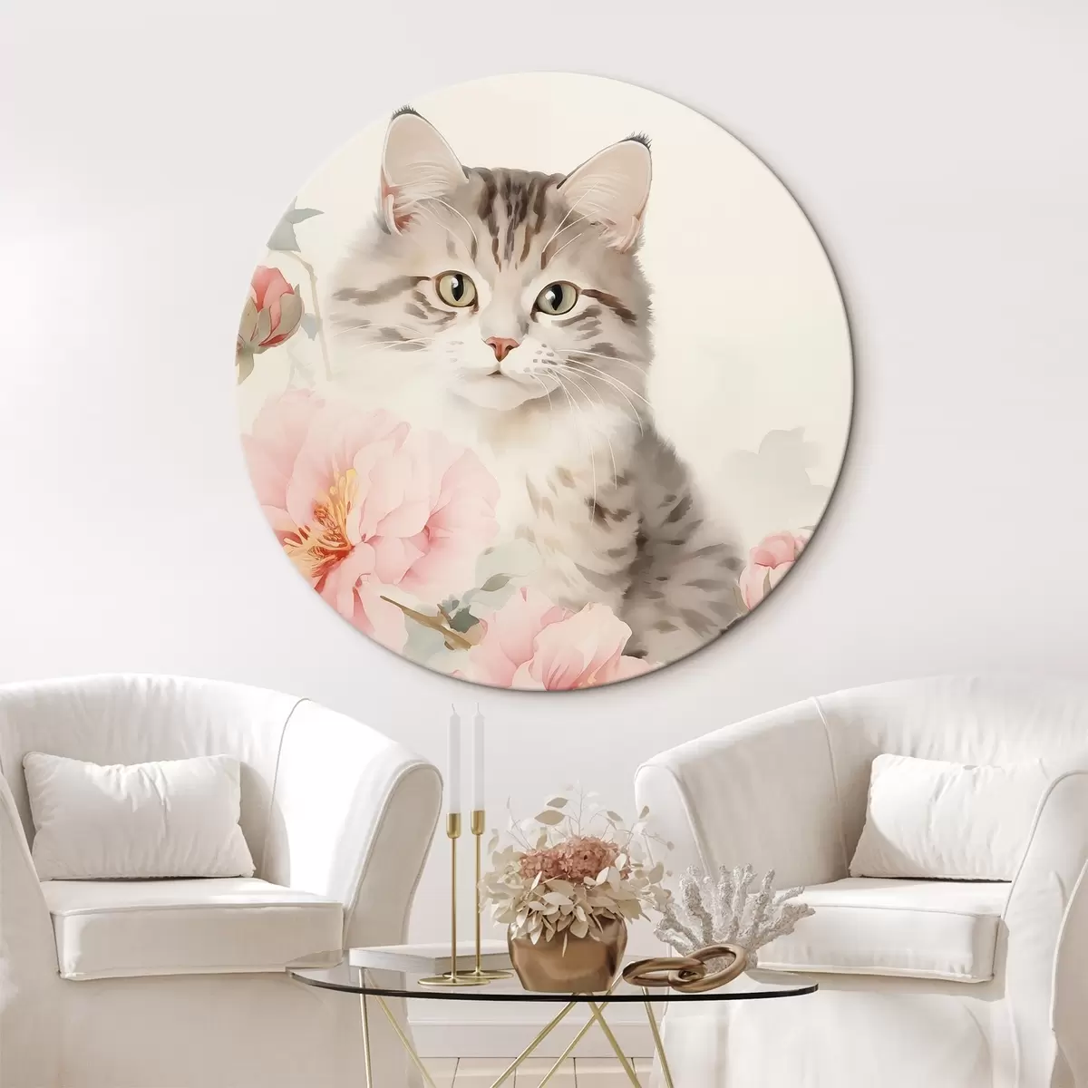 Apvalūs paveikslai Katė tarp gėlių r45674