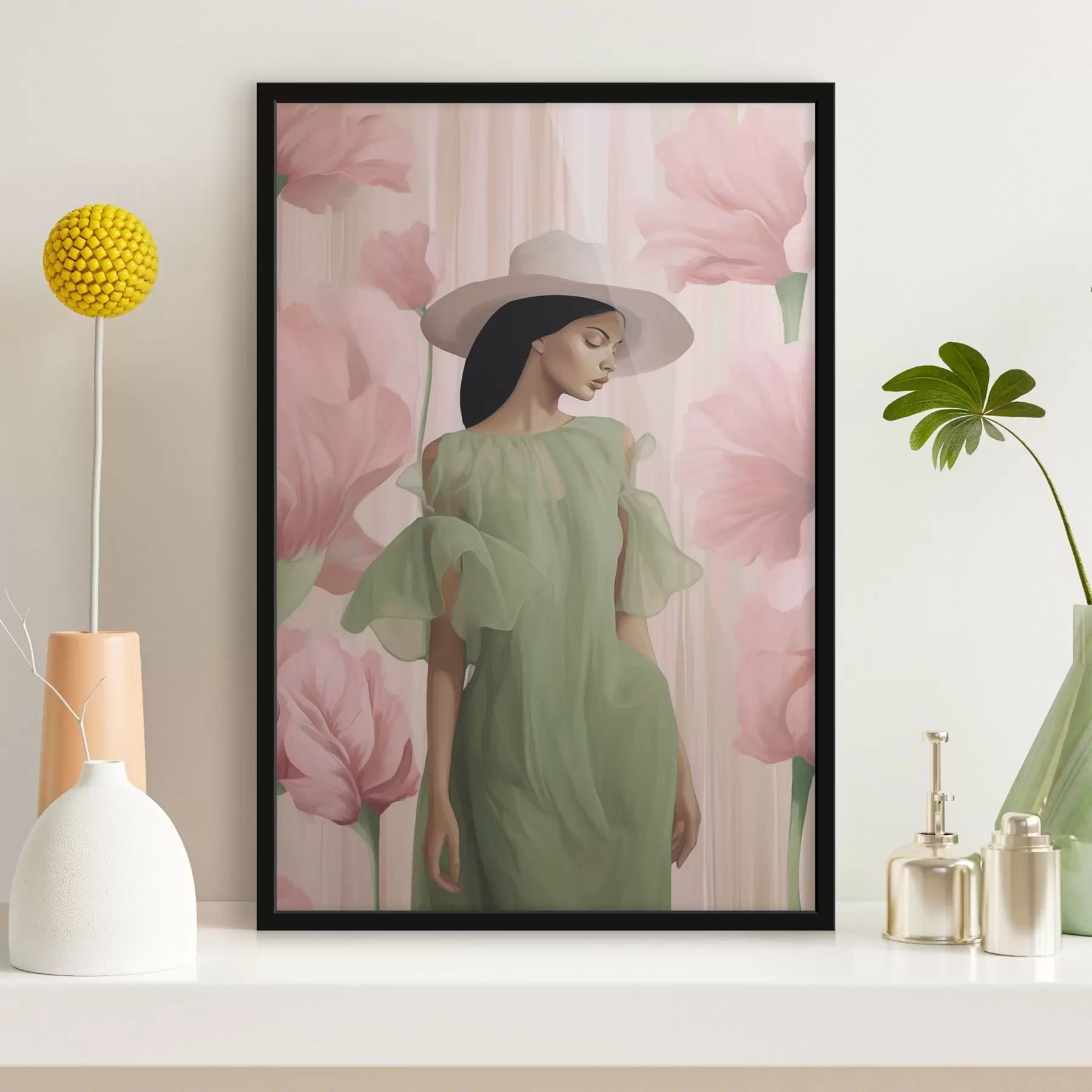 Fototapetai Mergaitė su skrybėle tarp gėlių f45678