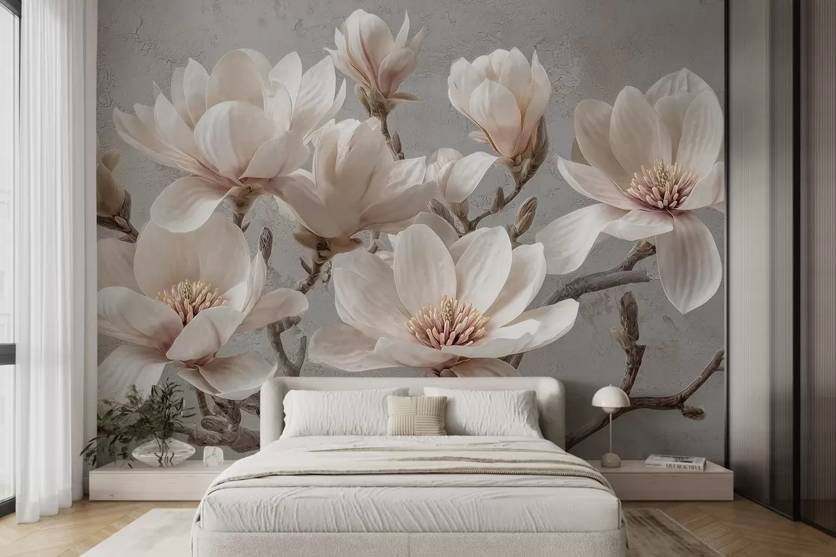 Fototapetai Magnolijos šakos su dideliais šviesiais prislopintų tonų žiedais w09305