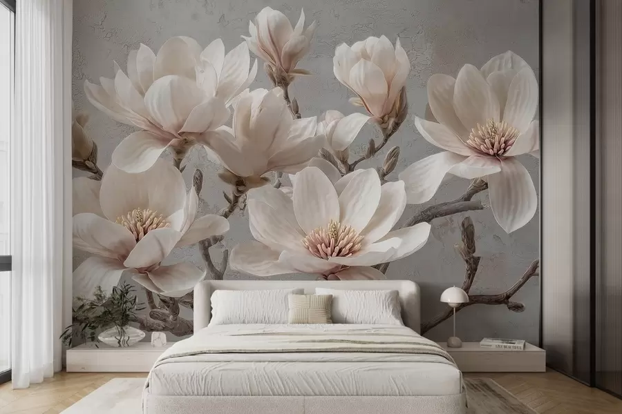 Fototapetai Magnolijos šakos su dideliais šviesiais prislopintų tonų žiedais w09305
