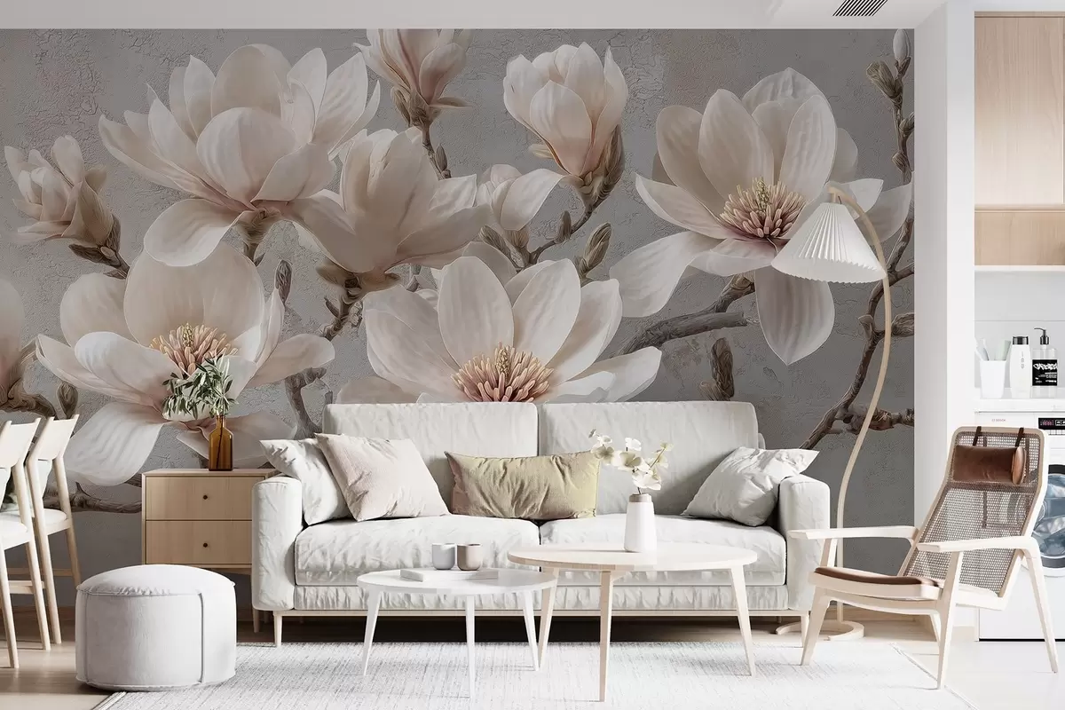 Fototapetai Magnolijos šakos su dideliais šviesiais prislopintų tonų žiedais w09305