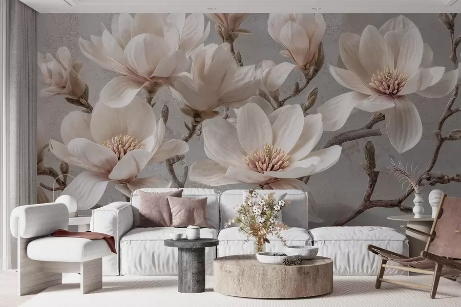 Fototapetai Magnolijos šakos su dideliais šviesiais prislopintų tonų žiedais w09305