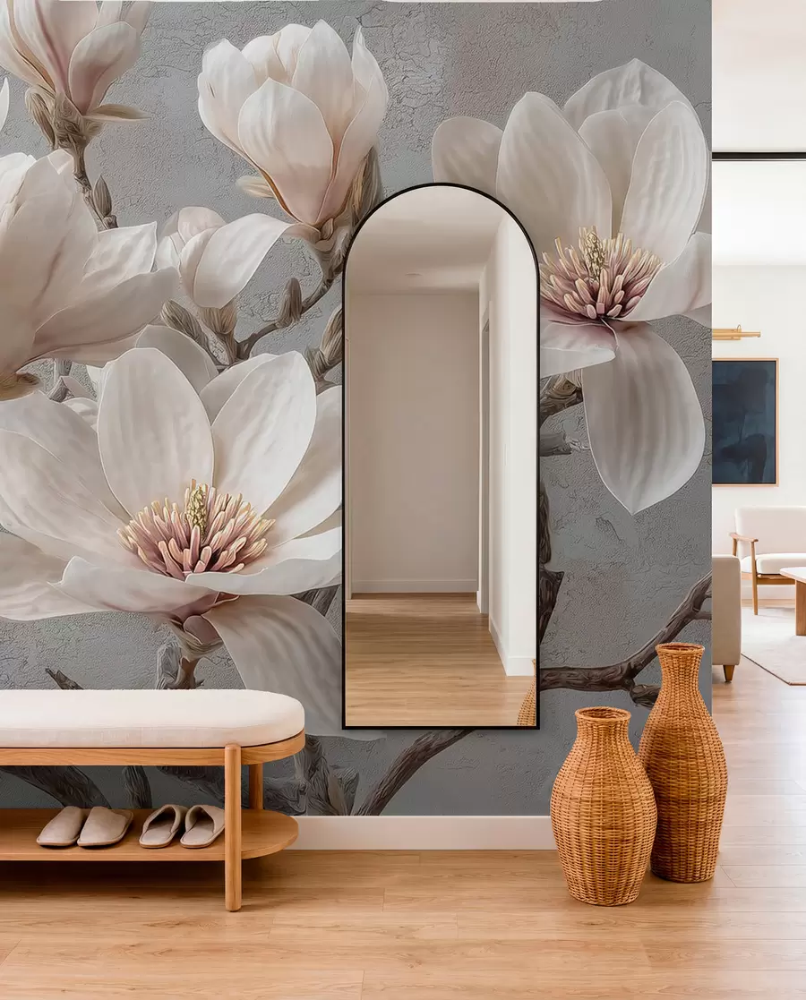Fototapetai Magnolijos šakos su dideliais šviesiais prislopintų tonų žiedais w09305