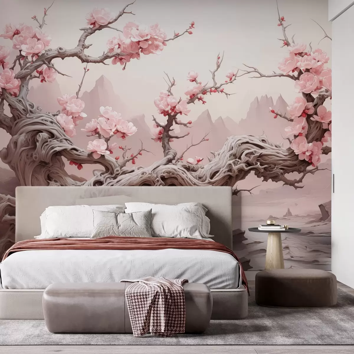 Fototapetai Susuktas medžio kamienas su žydinčia rausva sakura w09388