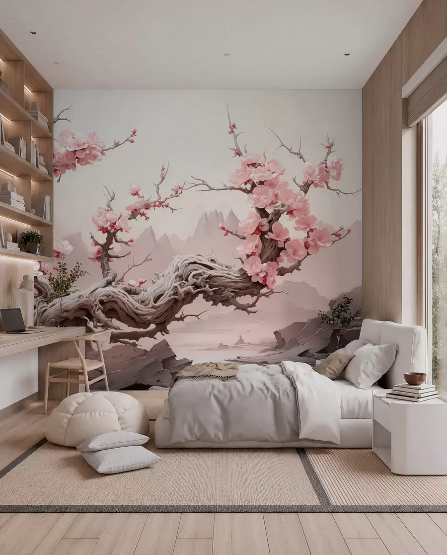 Fototapetai Susuktas medžio kamienas su žydinčia rausva sakura w09388