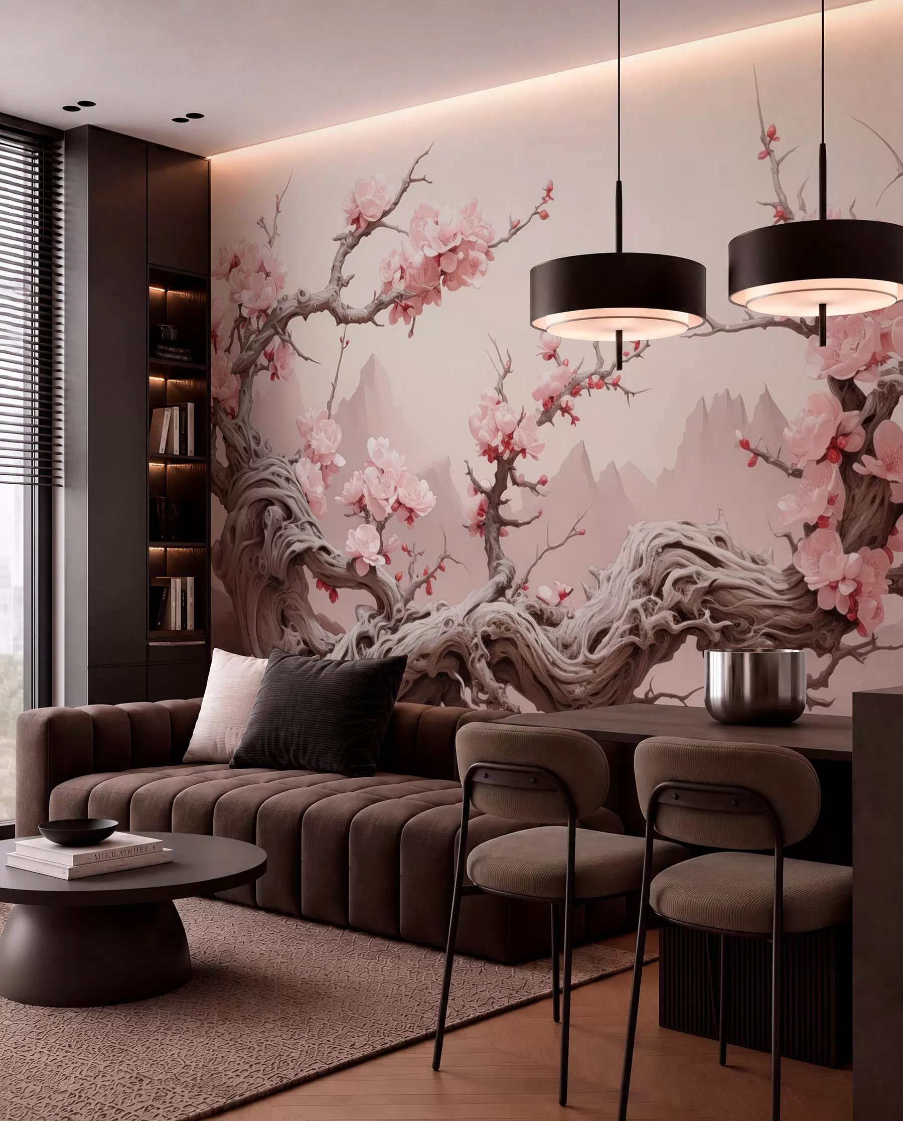 Fototapetai Susuktas medžio kamienas su žydinčia rausva sakura w09388