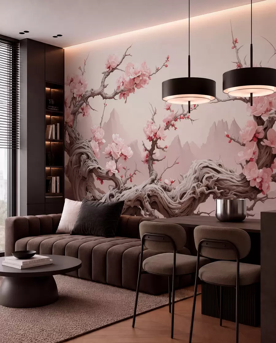 Fototapetai Susuktas medžio kamienas su žydinčia rausva sakura w09388