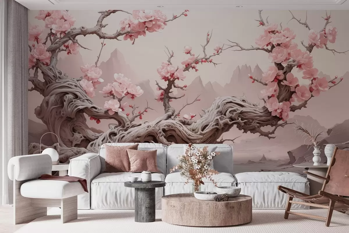 Fototapetai Susuktas medžio kamienas su žydinčia rausva sakura w09388