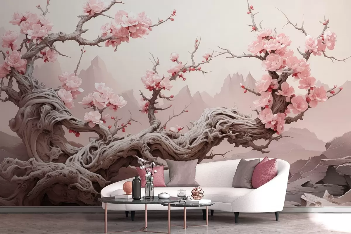 Fototapetai Susuktas medžio kamienas su žydinčia rausva sakura w09388