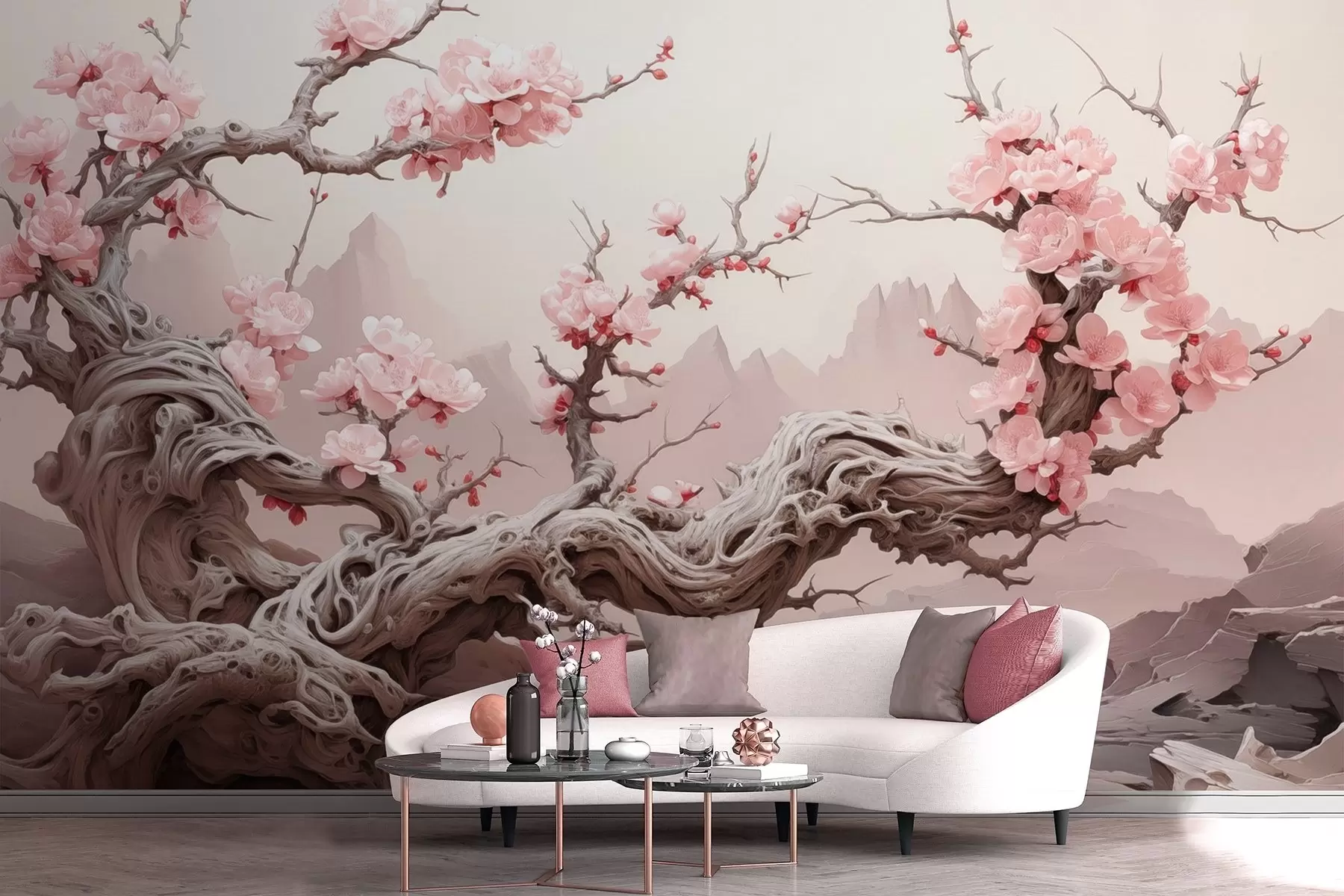 Fototapetai Susuktas medžio kamienas su žydinčia rausva sakura w09388