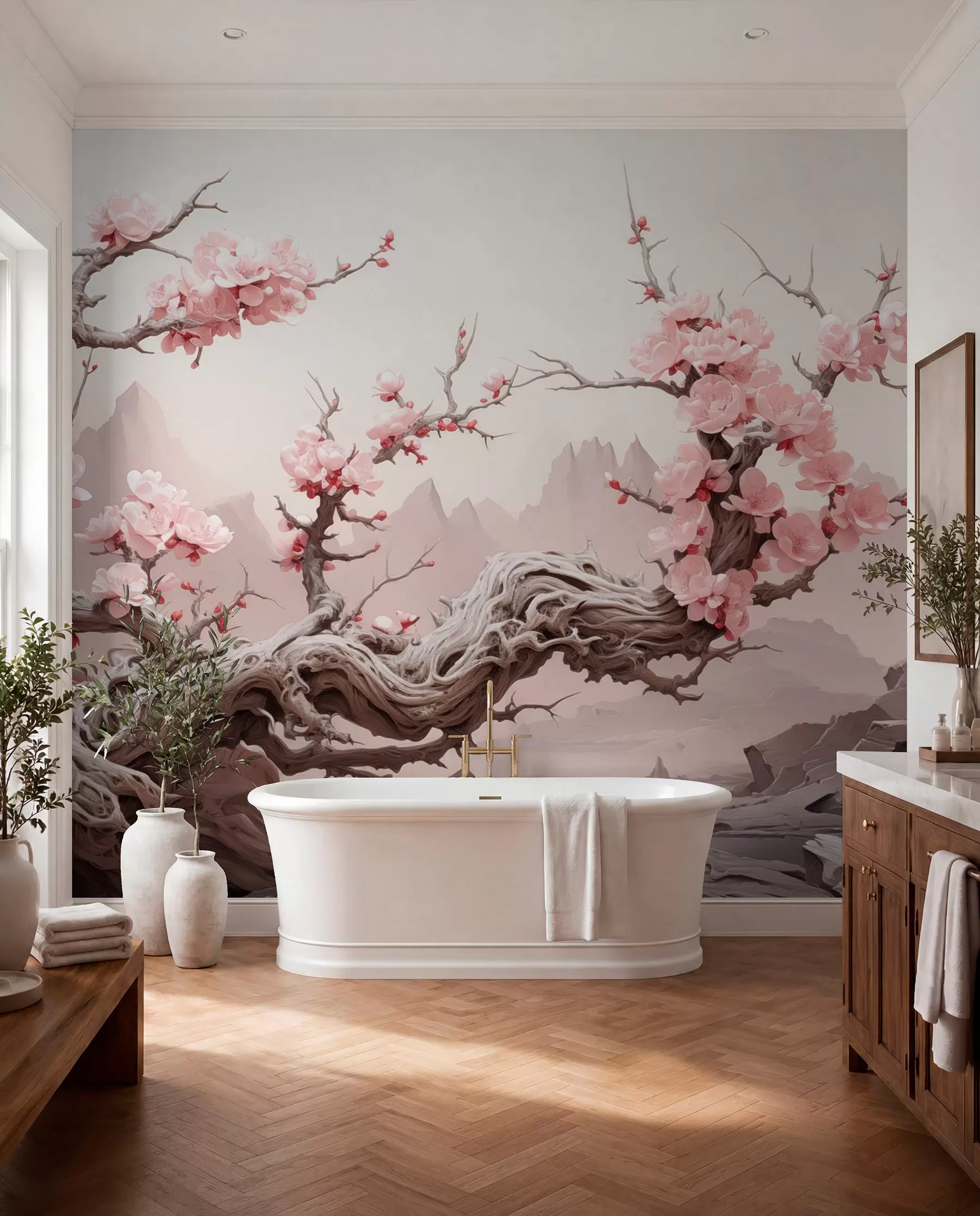 Fototapetai Susuktas medžio kamienas su žydinčia rausva sakura w09388