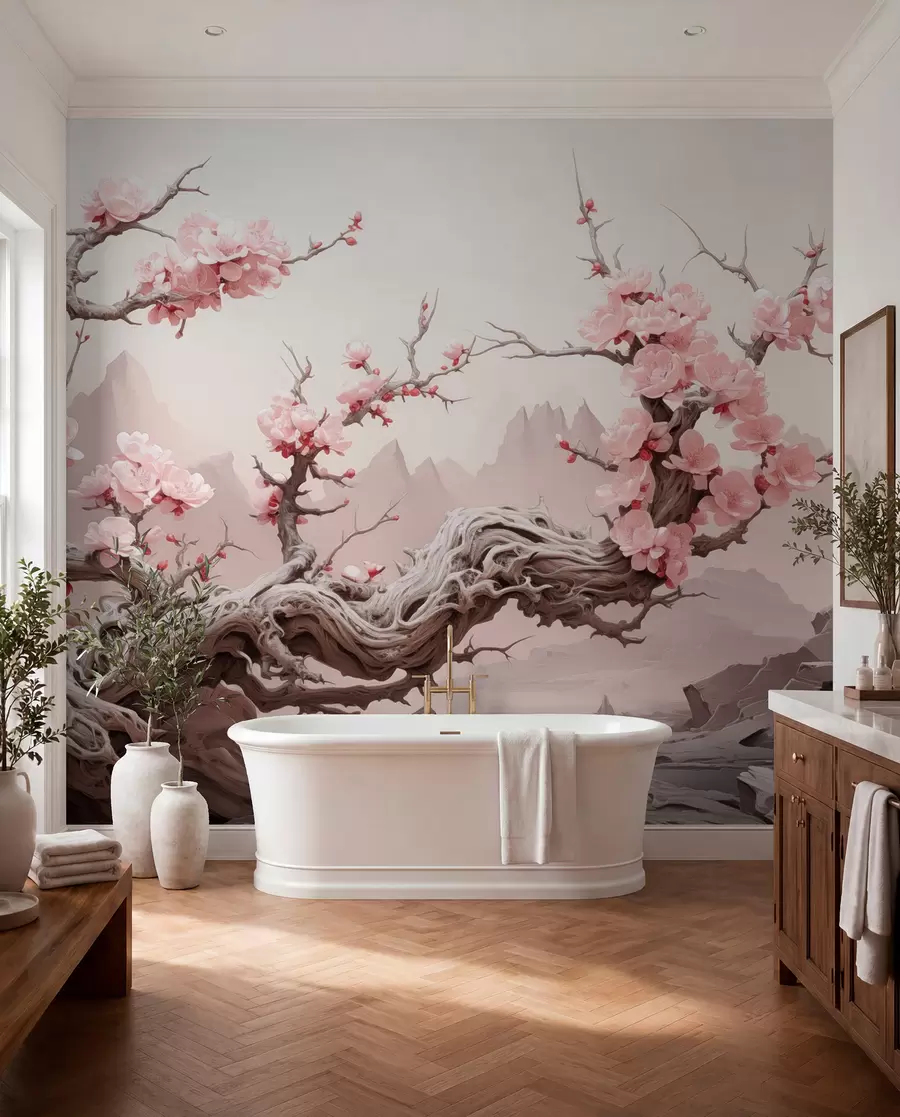 Fototapetai Susuktas medžio kamienas su žydinčia rausva sakura w09388