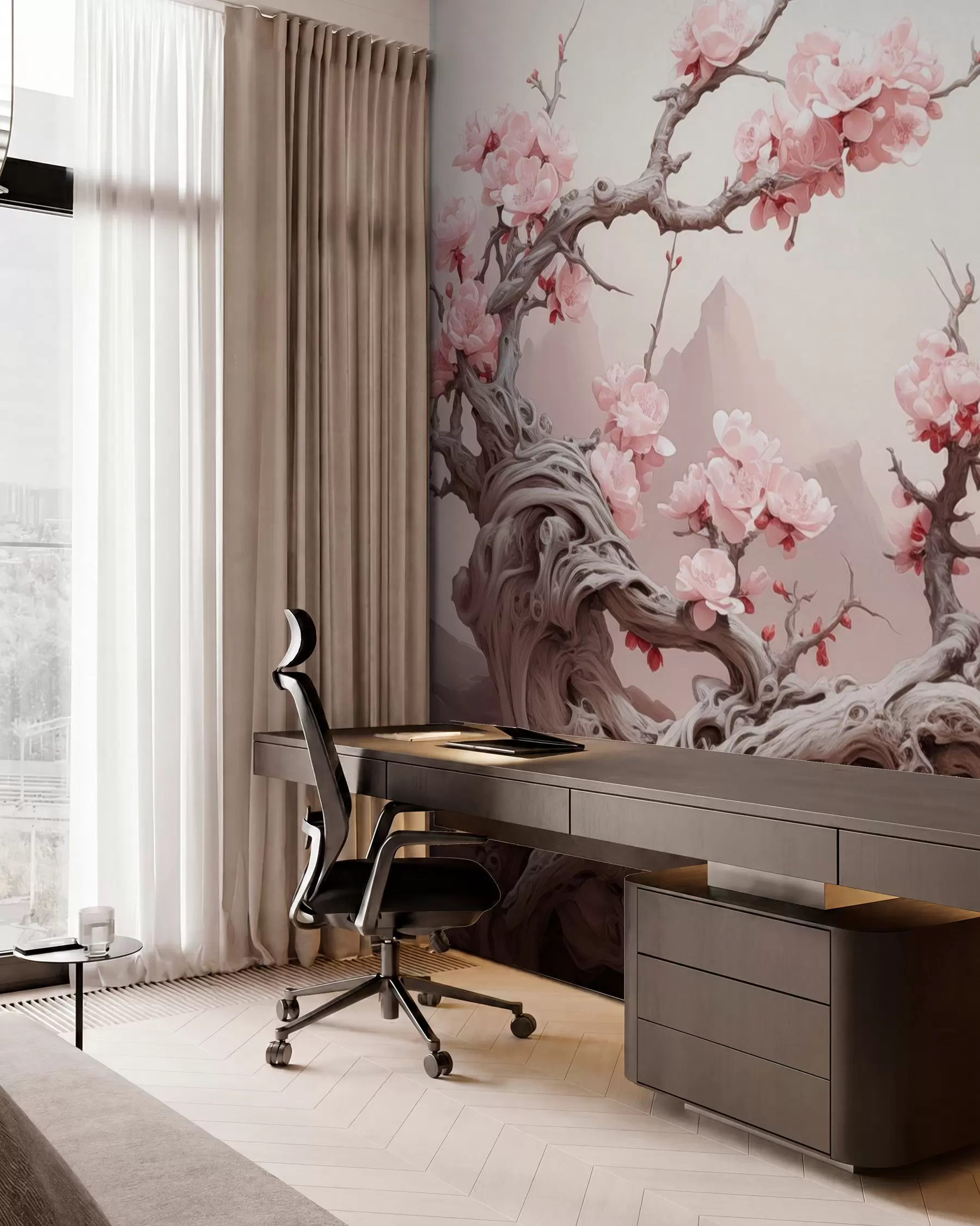 Fototapetai Susuktas medžio kamienas su žydinčia rausva sakura w09388